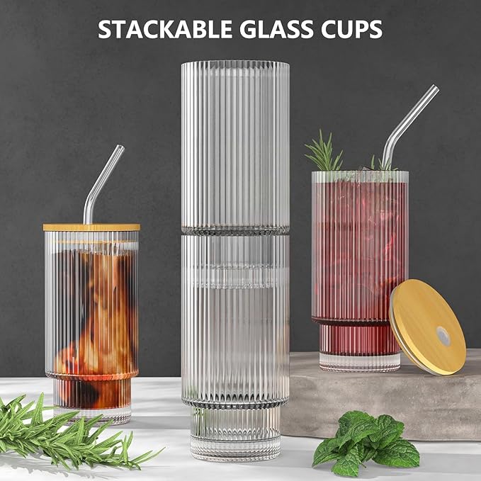 Lined Slim Bottom Transparent Glass Tumbler with Bamboo Lid And Glass Straw