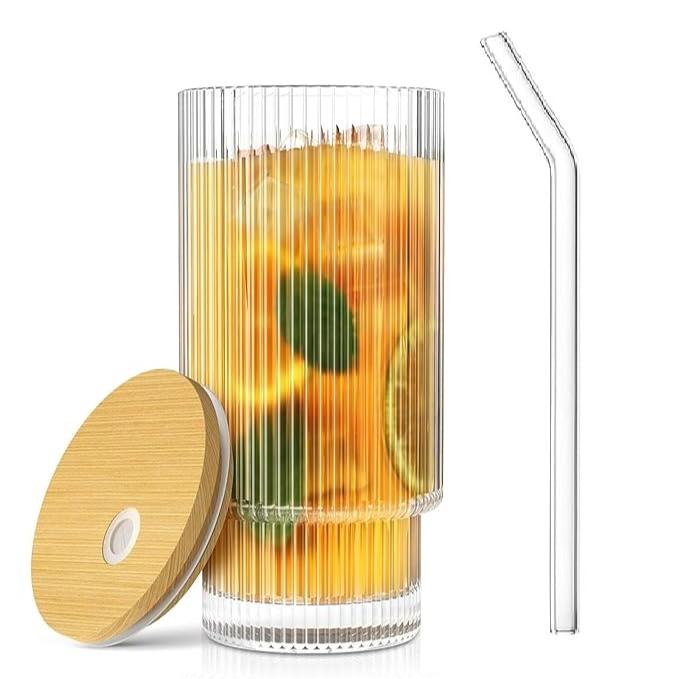 Lined Slim Bottom Transparent Glass Tumbler with Bamboo Lid And Glass Straw