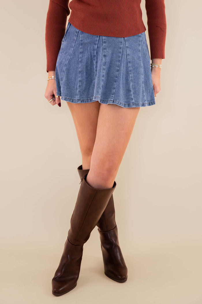 Pleated Denim Mini Skirt- Denim Skirt with Western Studded Belt- Denim Mini Skirt