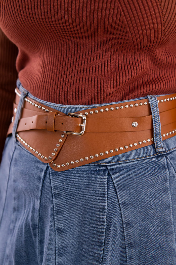 Pleated Denim Mini Skirt- Denim Skirt with Western Studded Belt- Denim Mini Skirt