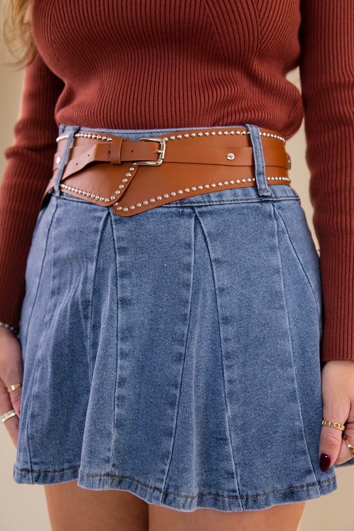 Pleated Denim Mini Skirt- Denim Skirt with Western Studded Belt- Denim Mini Skirt