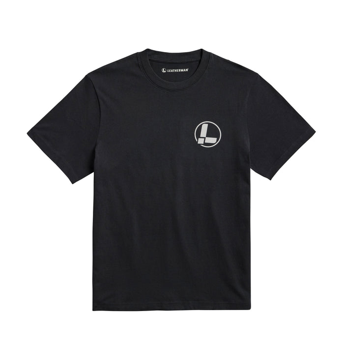 Front of the black Leatherman classic logo tee displaying the 'L' logo