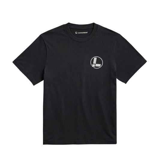 Front of the black Leatherman classic logo tee displaying the 'L' logo
