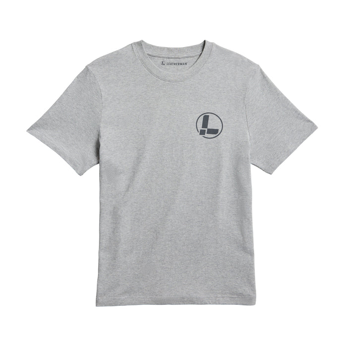 Front of the Leatherman grey classic logo tee showcasing the circular L Logo