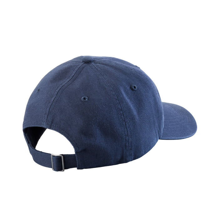Back of the navy Leatherman Dad Hat showing off the metal buckle clasp