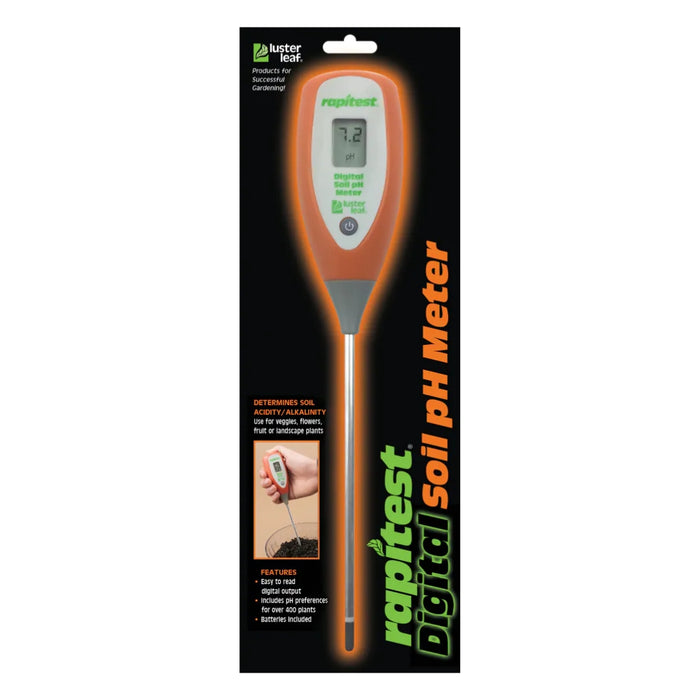 Digital soil pH meter with packaging on a white background