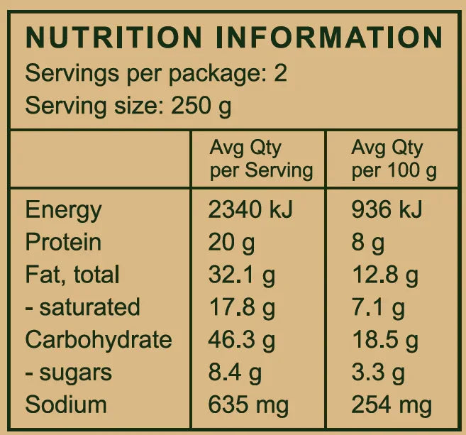 Nutrition facts label showing energy, protein, fat, carbs, sugars, and sodium per serving for organic meals