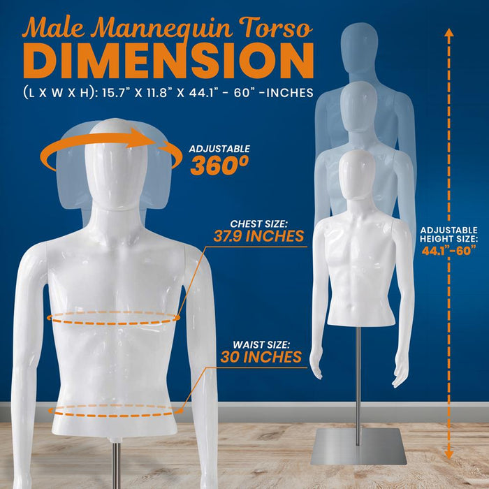 Male Mannequin Torso - Adjustable Height And Detachable Arms Dress Form Display W/ Metal Stand And Powder Coating (Glossy White)