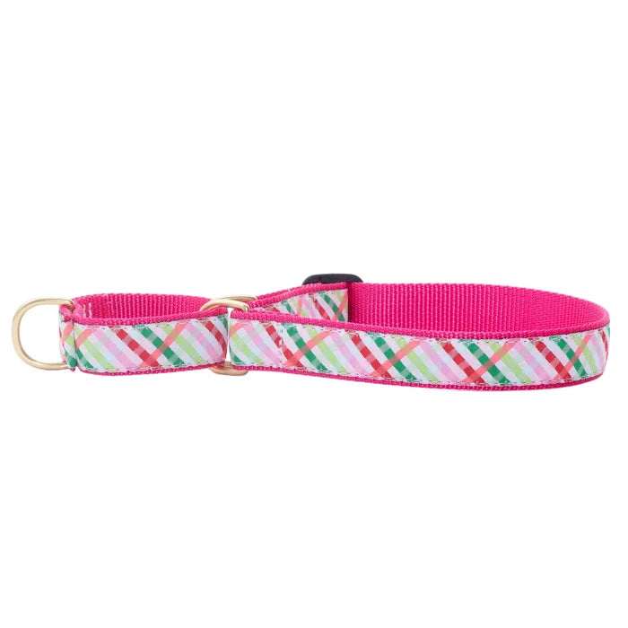 Dog collar with colorful plaid pattern on a white background