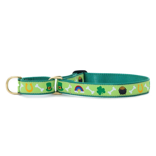 Green dog collar with festive patterns on a white background