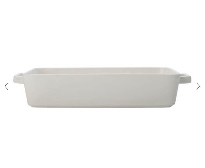 A white rectangular bakeware dish with a handle on the side.
