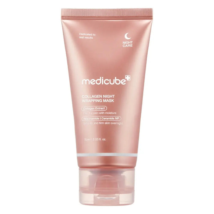 A pink tube packaging of Medicube Collagen Night Wrapping Mask with the product name and benefits listed on the front.