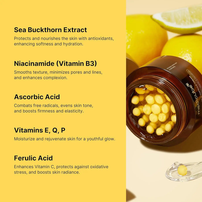 Skincare product with ingredients listed on a yellow background.