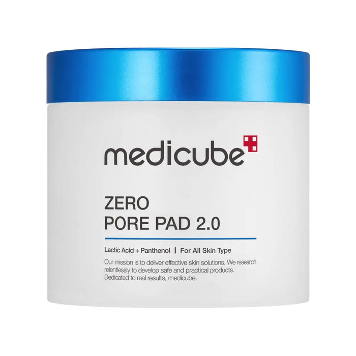 A container of Medicube Zero Pore Pad 2.0 with blue lid, white body, and product information printed on the label.