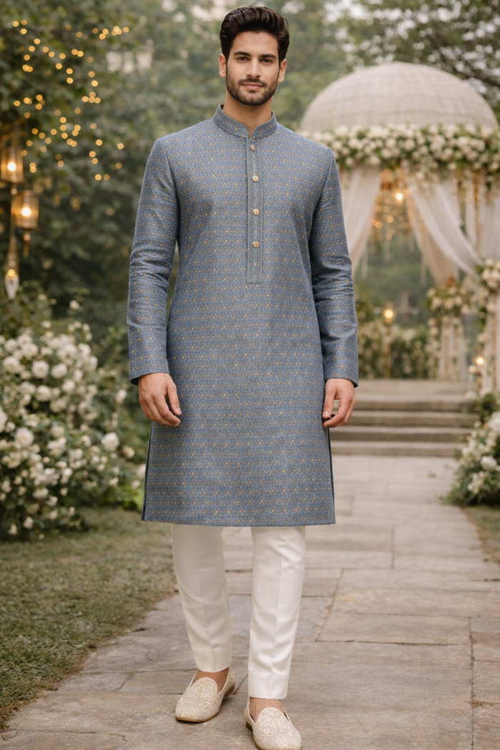 Men Steel Blue Self Design Woven Kurta with White Ethnic Pant Set