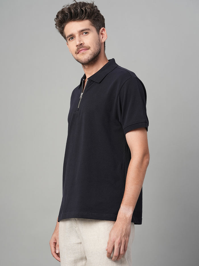Men's 100% Cotton Zip Polo T Shirt Navy