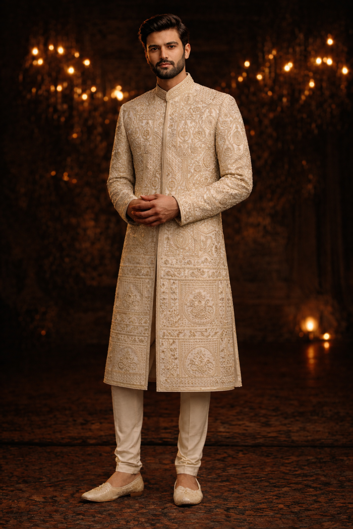 Men’s Cream & Gold Heavy Embroidered Sherwani Royal Wedding Collection