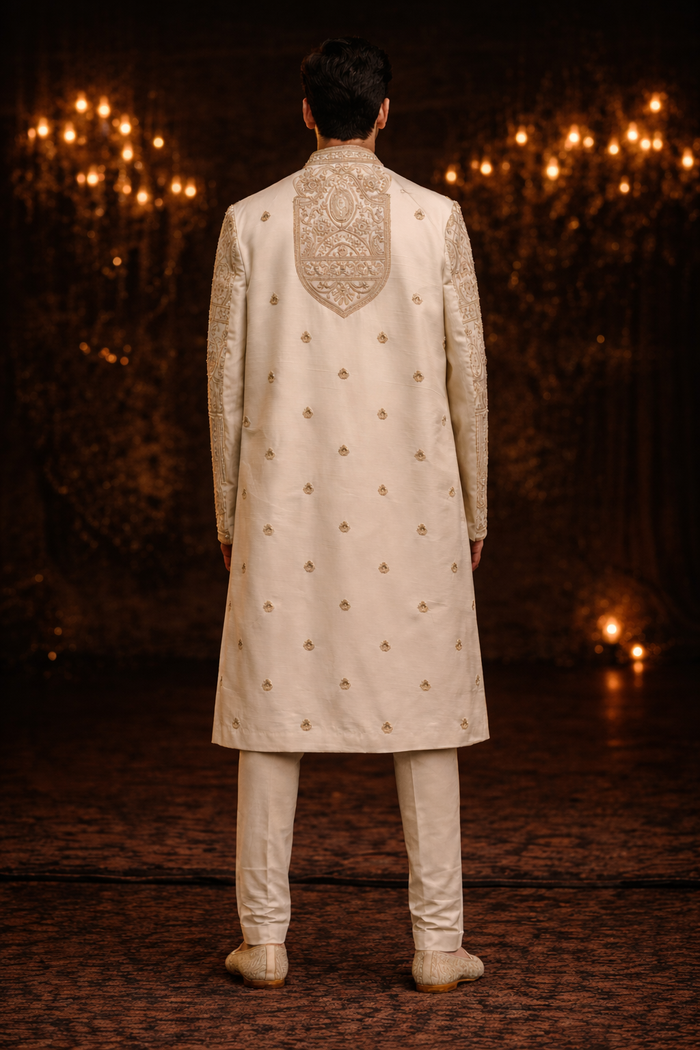 Men’s Cream & Gold Heavy Embroidered Sherwani Royal Wedding Collection