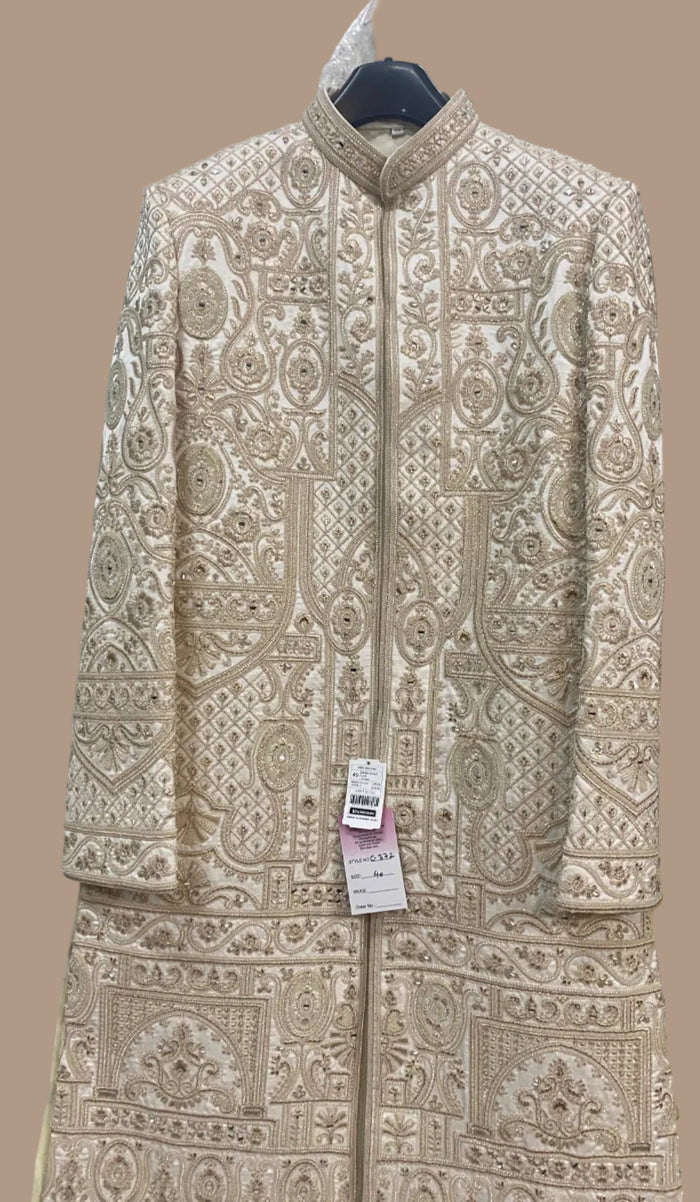 Men’s Cream & Gold Heavy Embroidered Sherwani Royal Wedding Collection