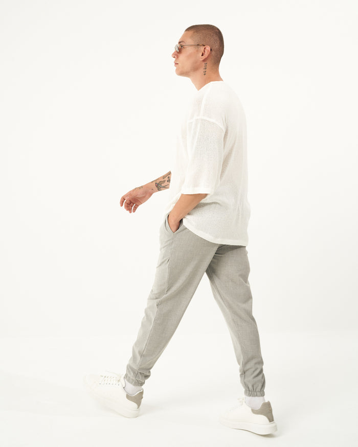 Martin Valen men's loose-fit gray jogger with elastic cuffs, close-up showing drawstring and side pocket