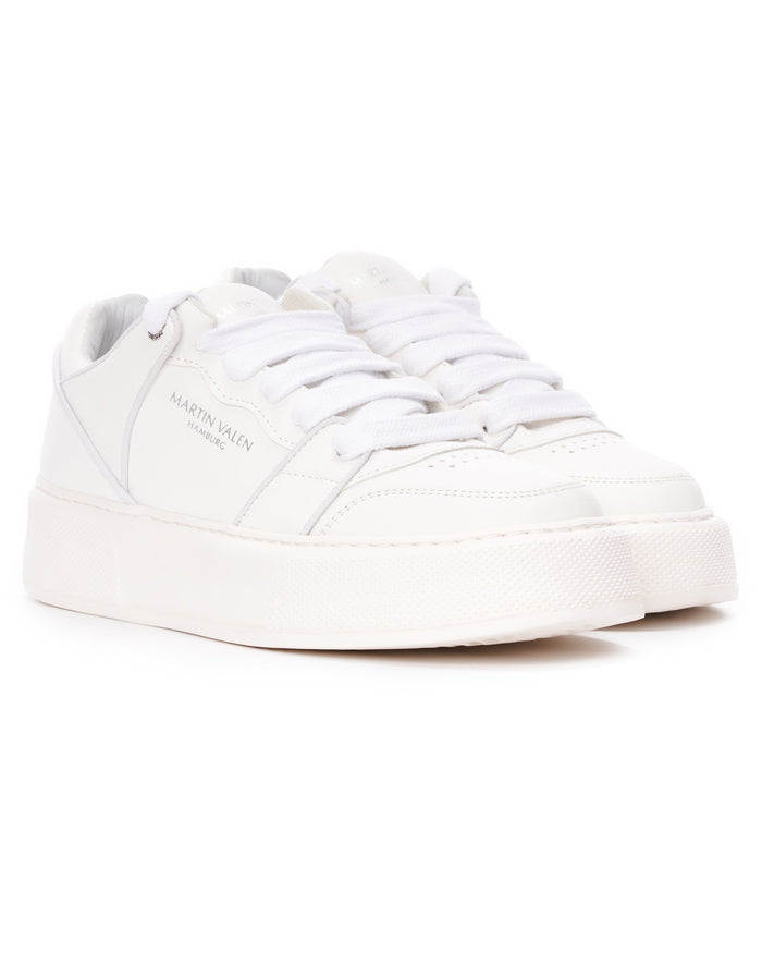Martin Valen men's high sneakers in white, low front three-quarter studio view showing thick platform sole and wide white laces