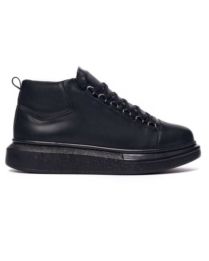 Martin Valen men's black high-top sneakers, close side view showing textured platform sole
