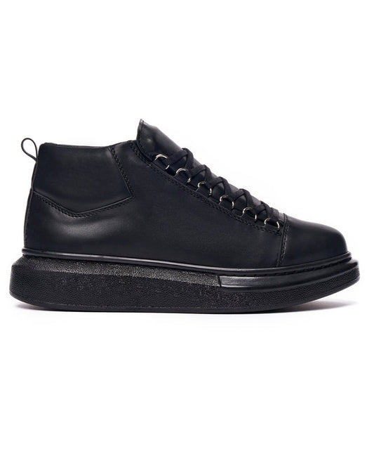 Martin Valen men's black high-top sneakers, close side view showing textured platform sole