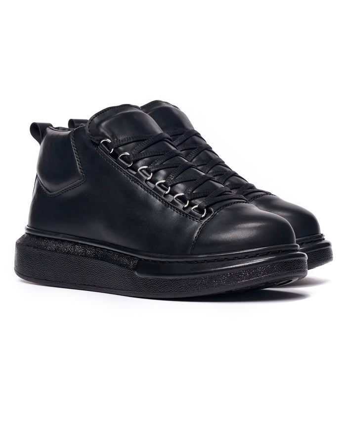 Martin Valen men's black high-top sneakers, close top-side view highlighting laces and metal eyelets