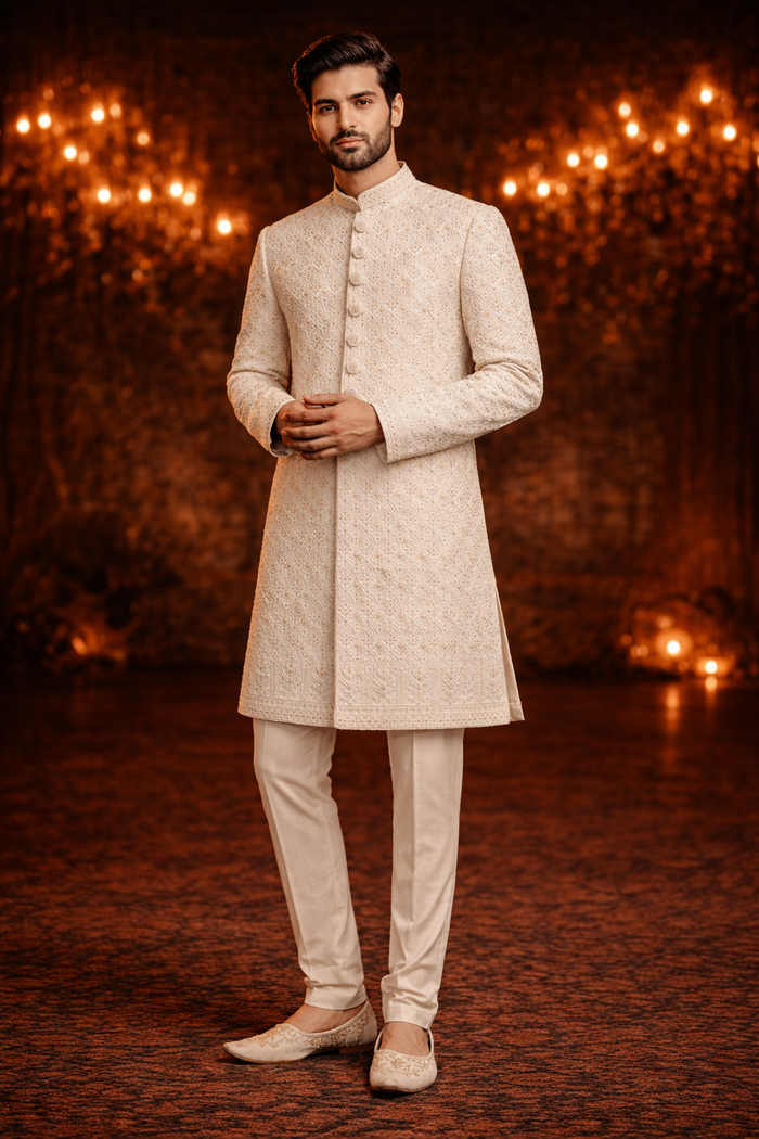 Men’s Ivory Heavy Embroidered Sherwani Royal Wedding Wear