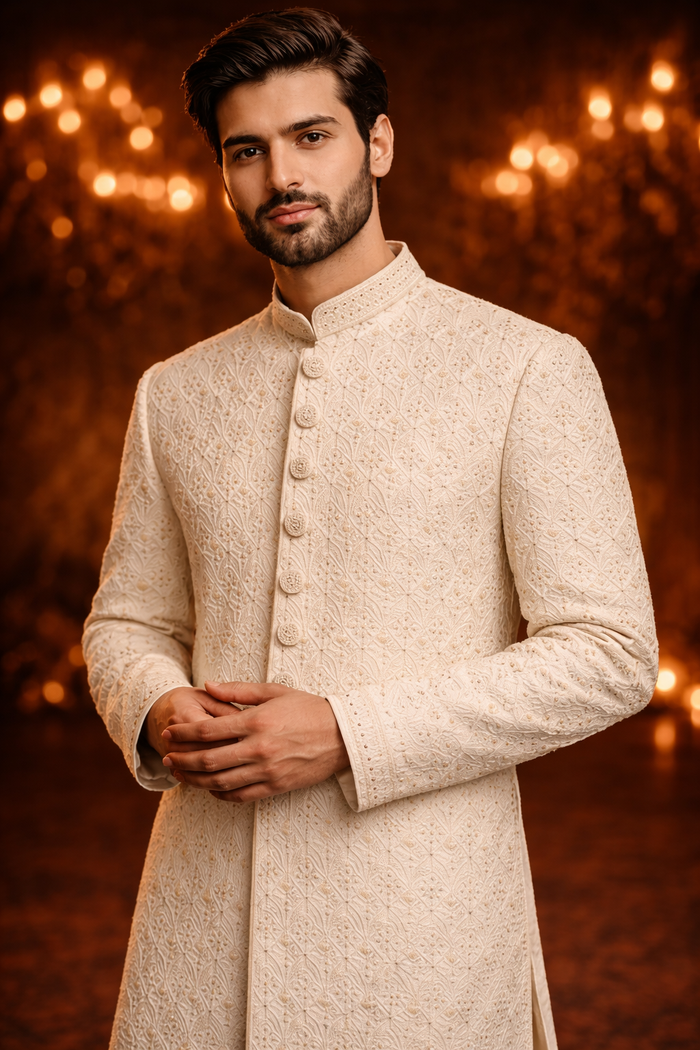 Men’s Ivory Heavy Embroidered Sherwani Royal Wedding Wear
