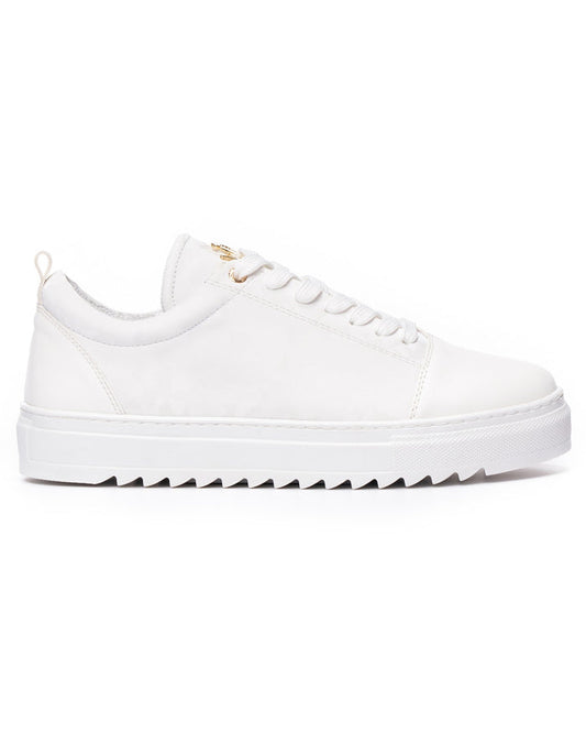 Martin Valen men's low-top white sneaker, side view showing chunky serrated platform sole and subtle camo pattern
