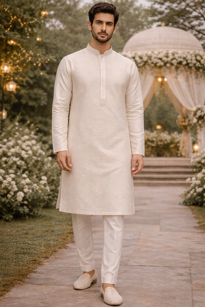 Men’s Off-White Embroidered Kurta Set with Ethnic Polo Pant