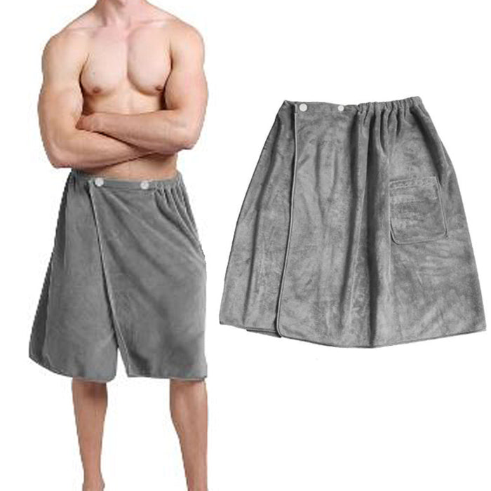 A man wearing a gray microfiber waist wrap with adjustable clips and a pocket, standing next to a close-up of the waist wrap alone.