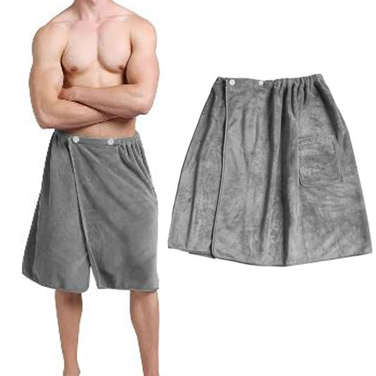 A man wearing a gray microfiber waist wrap with adjustable clips and a pocket, standing next to a close-up of the waist wrap alone.
