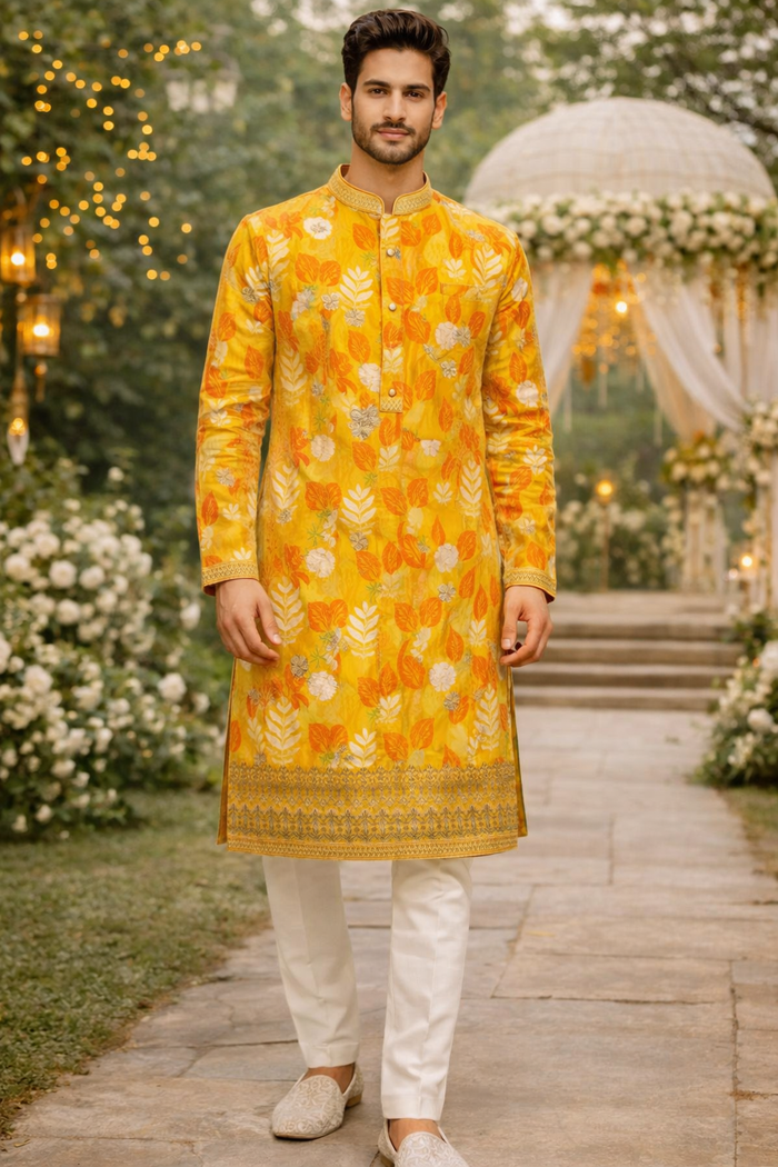 Men’s Yellow Floral Printed Ethnic Kurta Set with Ethnic Polo Pant