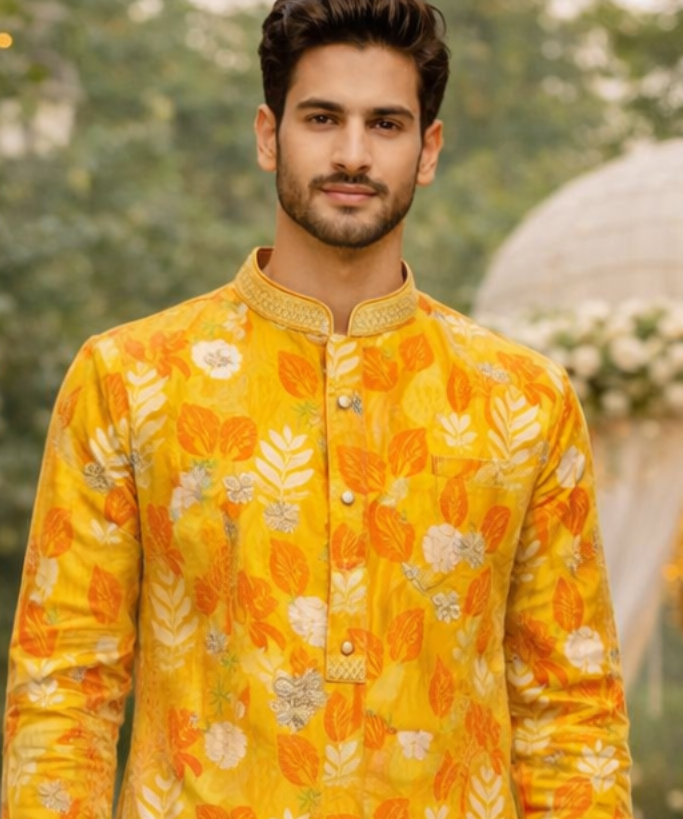 Men’s Yellow Floral Printed Ethnic Kurta Set with Ethnic Polo Pant