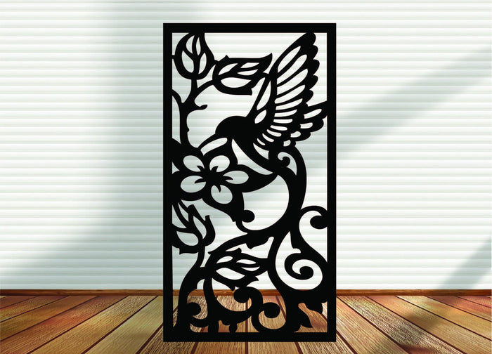 Metal Garden Panel - Open Leaf Hummingbird