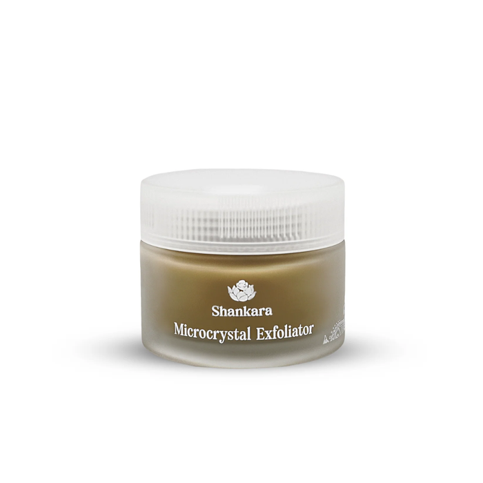 Microcrystal Exfoliator | Shankara in a frosted jar with a white lid, designed for skincare and body care to gently exfoliate and revitalize the skin.