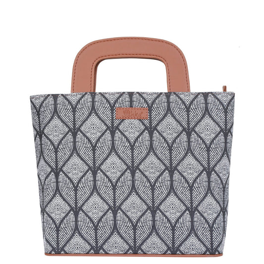 Women’s monochrome handcrafted printed canvas tote handbag with vegan leather handles for office, work and daily use