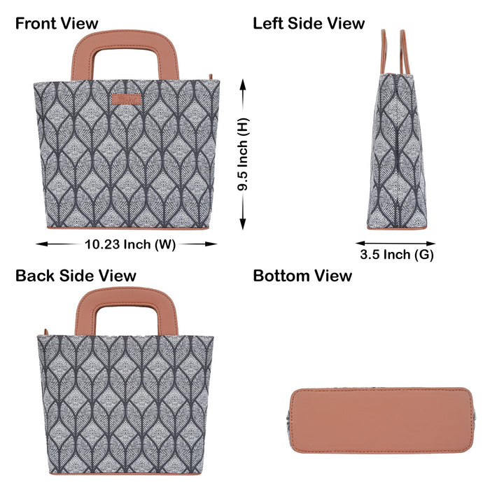 Women’s monochrome handcrafted printed canvas tote handbag with vegan leather handles for office, work and daily use-infographic image