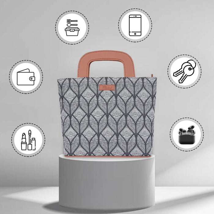 Women’s monochrome handcrafted printed canvas tote handbag with vegan leather handles for office, work and daily use-feature image