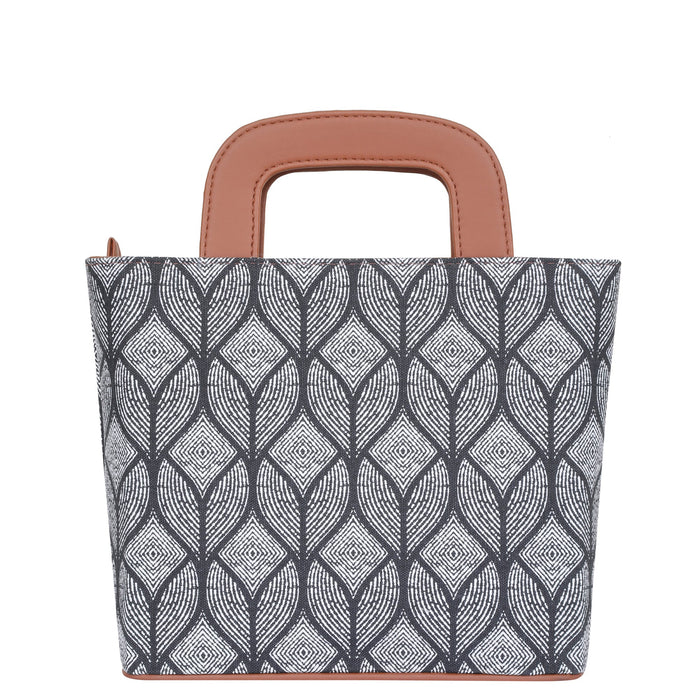 Women’s monochrome handcrafted printed canvas tote handbag with vegan leather handles for office, work and daily use-back view