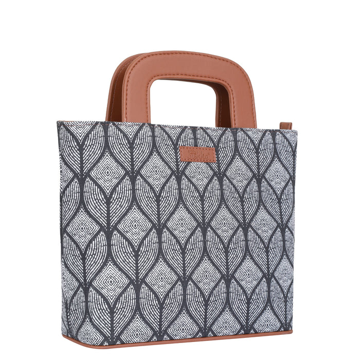 Women’s monochrome handcrafted printed canvas tote handbag with vegan leather handles for office, work and daily use-half side view