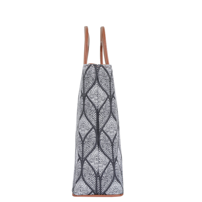 Women’s monochrome handcrafted printed canvas tote handbag with vegan leather handles for office, work and daily use-side view