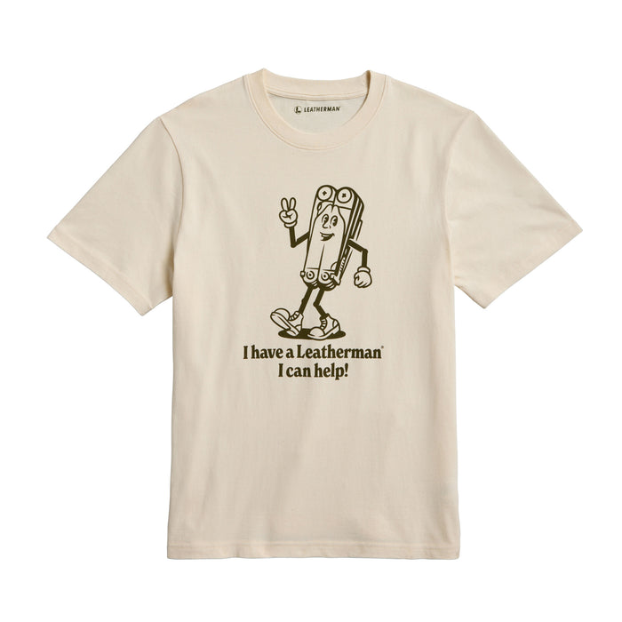 Natural gold tee shirt with the Mr. Wave logo displaying a character based on the Wave with the slogan 'I have a Leatherman, I can help!"