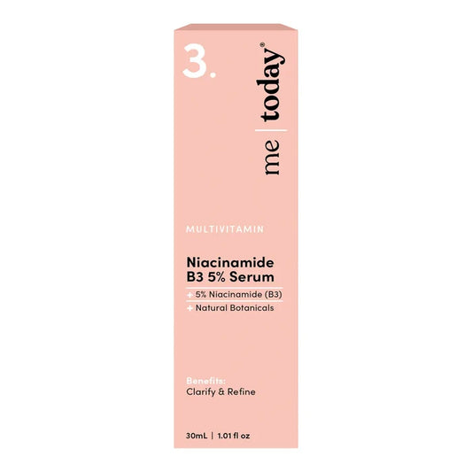A tall, slim pink box for Niacinamide B3 5% Serum, featuring black text.