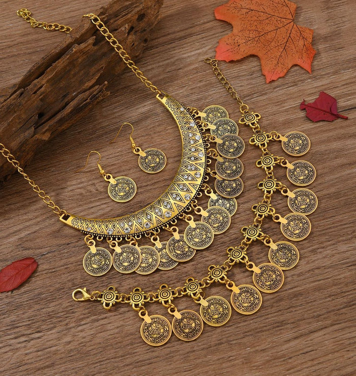 N2715 - American style retro exaggerated moon coin tassel Necklace