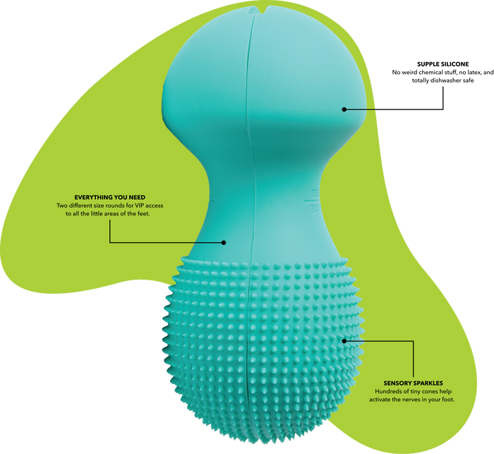 Close-up of the Neuro Roller | RAD, a turquoise wellness device with smooth and textured sections designed for foot nerve activation and recovery.