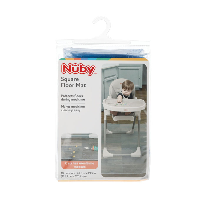 A packaged Nuby US No-Mess Mealtime Mat is shown with an image of a baby in a high chair using the mat. The package notes that this floor protector simplifies mealtime cleanup and helps keep your floors mess-free.