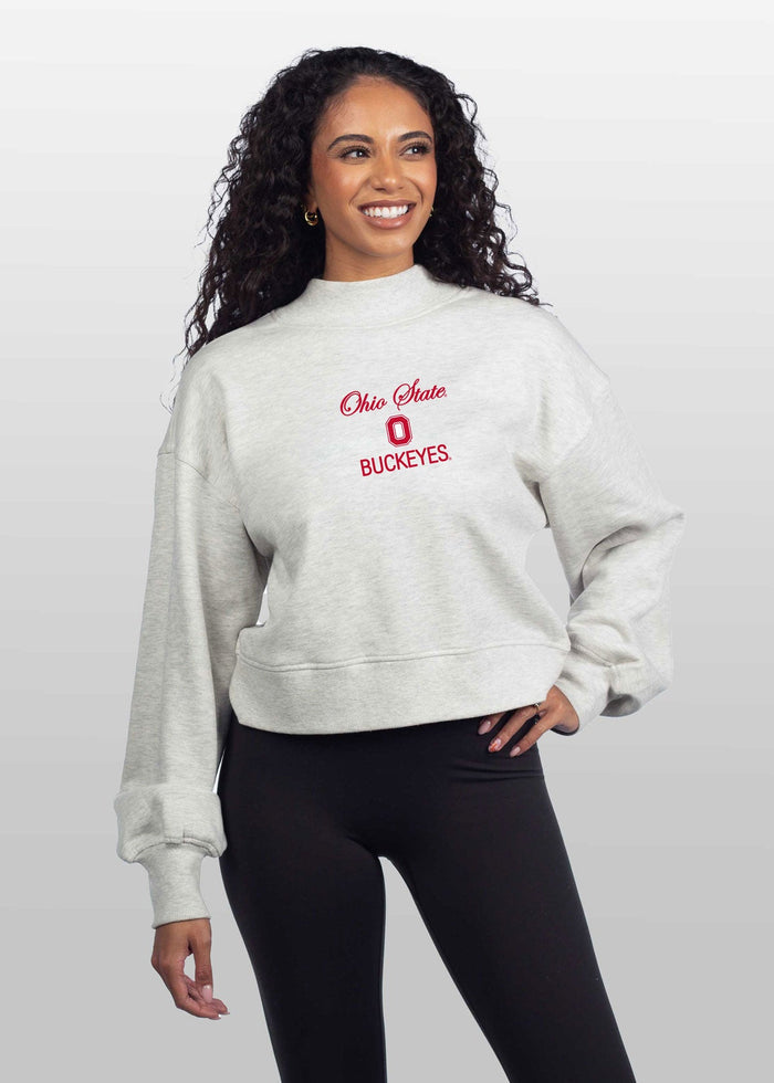 Ohio State Buckeyes Women's Ash-Grey Relaxed, waist-length Heavyweight Fleece Sweatshirt with mock neck, drop shoulders and balloon sleeves